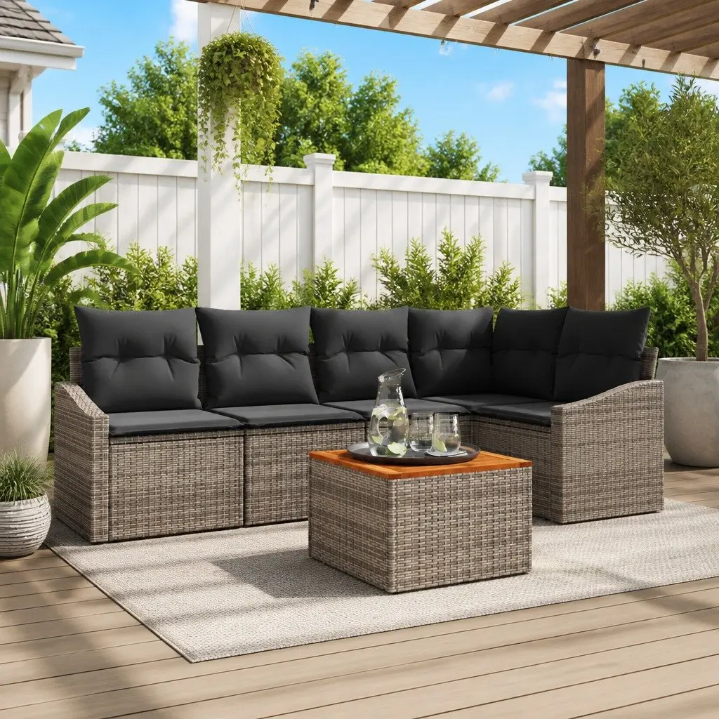 Modular Garden Sofa Set 6 Piece Grey Poly Rattan Outdoor Furniture with Cushions