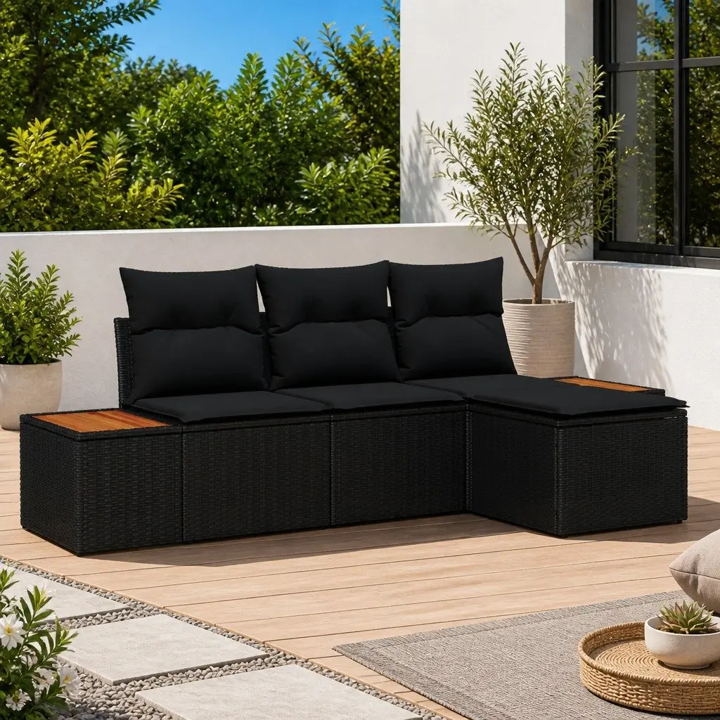 4 Piece Modular Outdoor Sofa Set Black Poly Rattan Garden Lounge Furniture