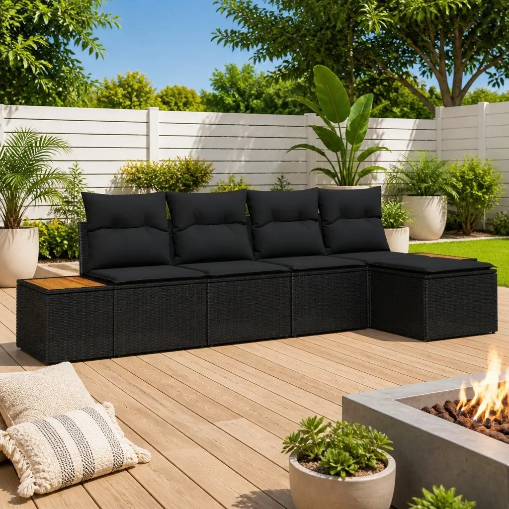 Garden Sofa Set Modular Outdoor Furniture 5 Piece Black Poly Rattan