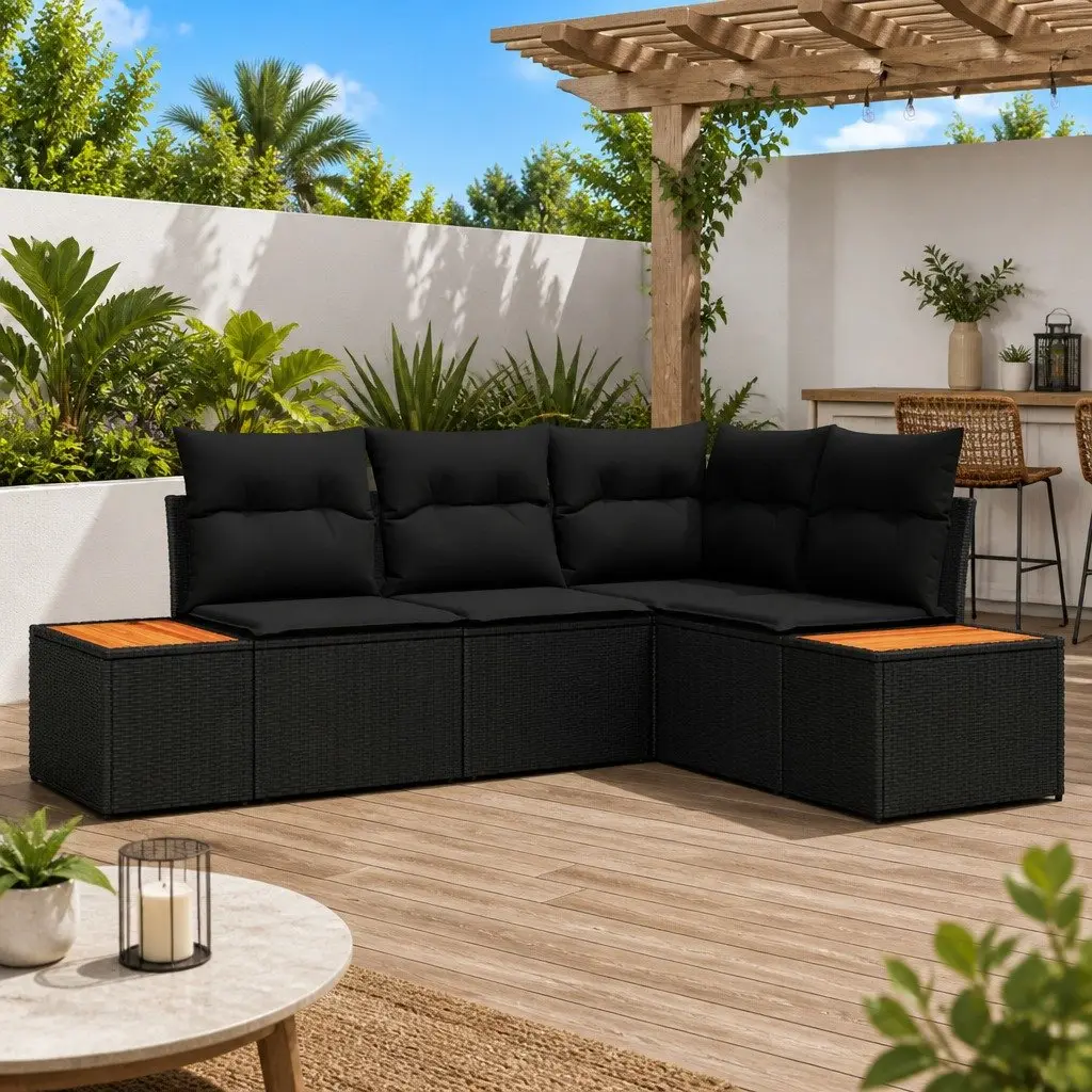 Modular Outdoor Sectional Sofa Set 5 Pieces Black Poly Rattan for Garden and Patio
