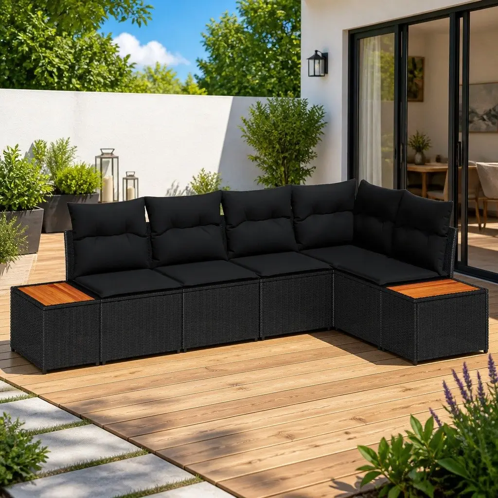 Garden Sofa Set Outdoor Furniture 5 Piece Modular Black Poly Rattan with Cushions