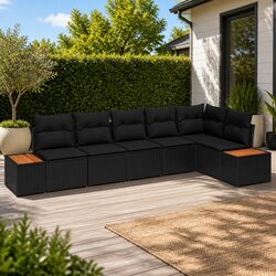 Outdoor Garden Sofa Set 6 Pieces Black Poly Rattan Patio Furniture with Cushions