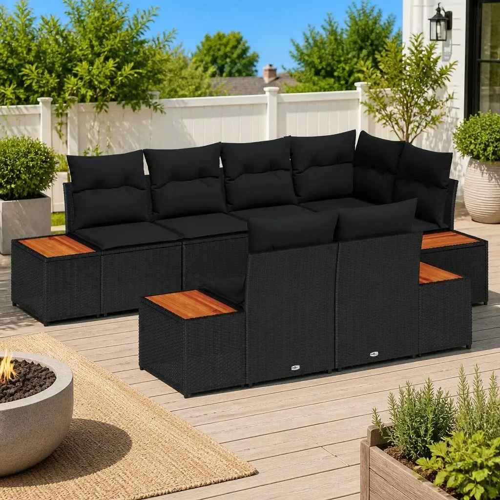 Garden Sofa Set Outdoor Lounge Furniture 7 Piece Black Poly Rattan with Cushions
