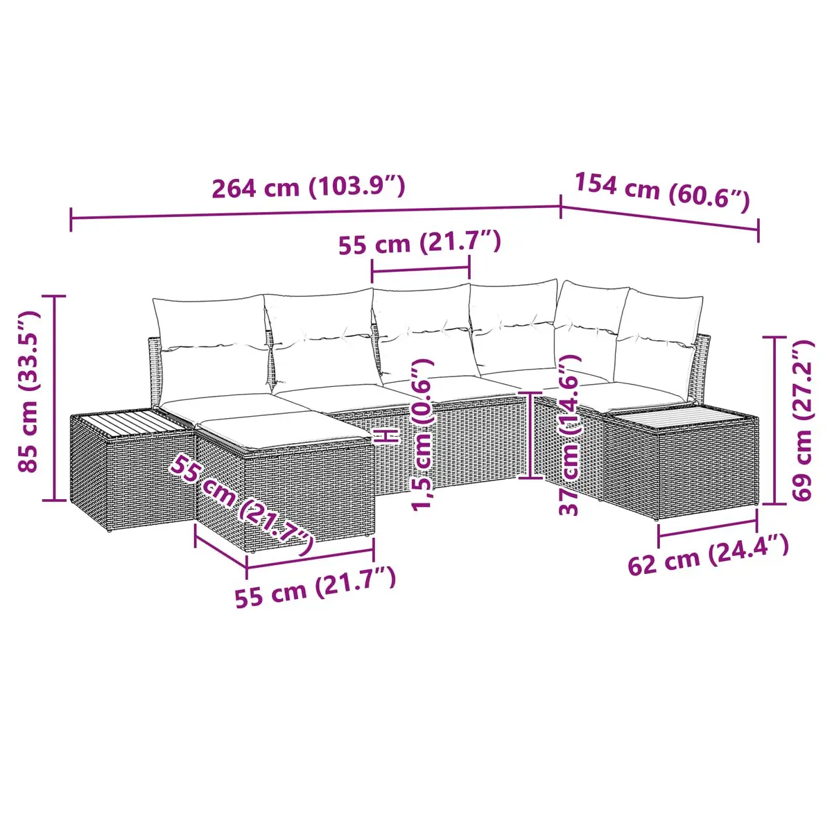 Garden Sofa Set Modular Outdoor Furniture 6 Pieces Black Poly Rattan with Cushions
