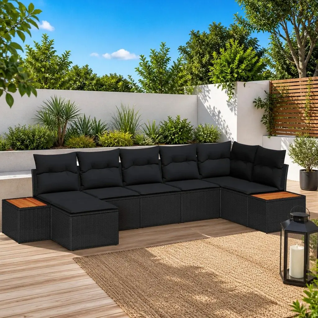 7 Piece Modular Outdoor Garden Sofa Set Black Poly Rattan