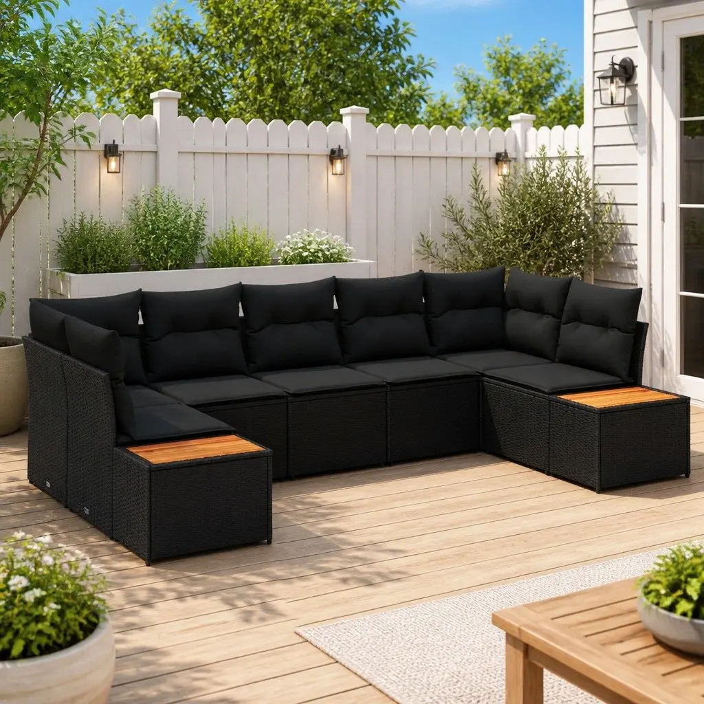 Garden Sofa Set Modular Outdoor Furniture 7 Piece Black Poly Rattan with Cushions