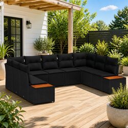Garden Sofa Set 9 Piece Outdoor Furniture Black Poly Rattan Cushion Lounger