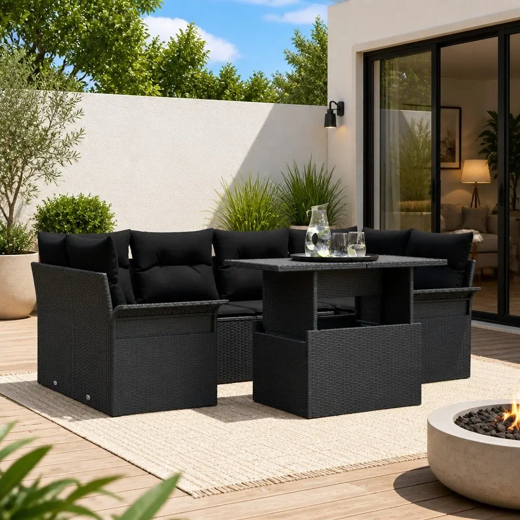 Garden Sofa Set Modular Outdoor Furniture 7 Pieces Black Poly Rattan Patio