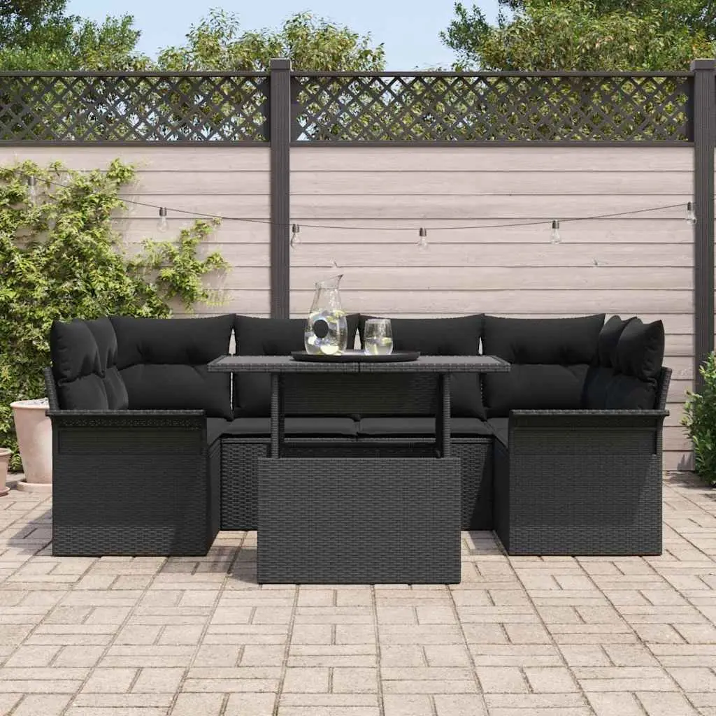 Garden Sofa Set Modular Outdoor Furniture 7 Pieces Black Poly Rattan Patio