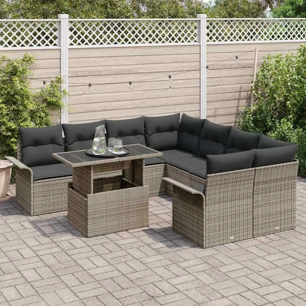 Garden Sofa Set Modular Outdoor Furniture 9 Pieces Grey Poly Rattan Patio Lounge