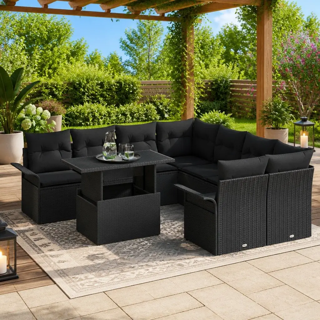 Black Modular Garden Sofa Set 9 Pieces Outdoor Seating Poly Rattan Furniture