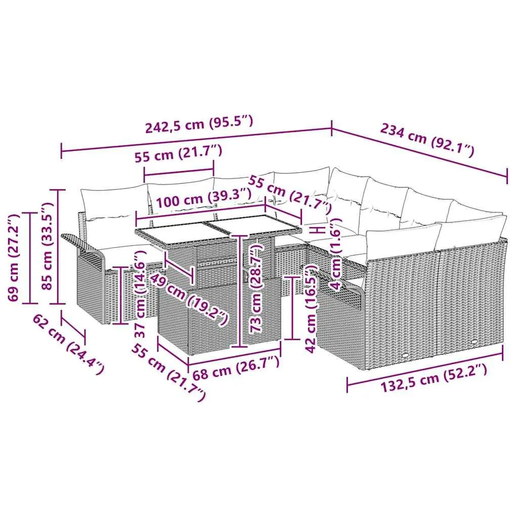 Black Modular Garden Sofa Set 9 Pieces Outdoor Seating Poly Rattan Furniture