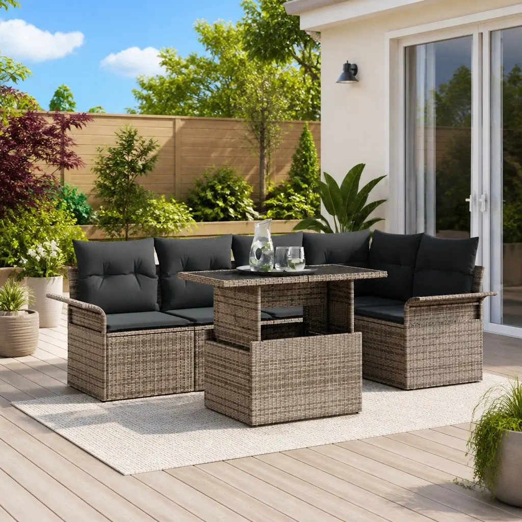 Modular Garden Sofa Set Outdoor Furniture 6 Piece Poly Rattan Wood Light Grey