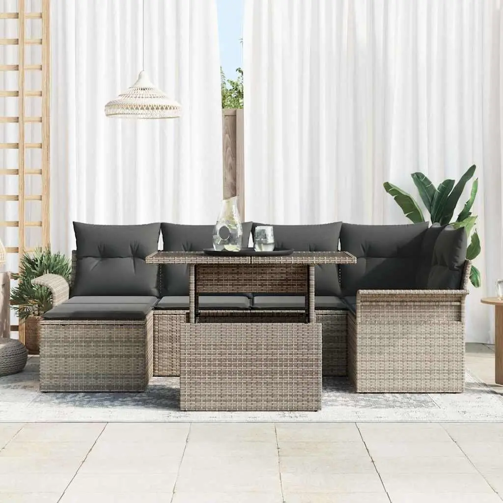 Garden Sofa Set 7 Seater Outdoor Furniture Grey Poly Rattan with Cushions Glass