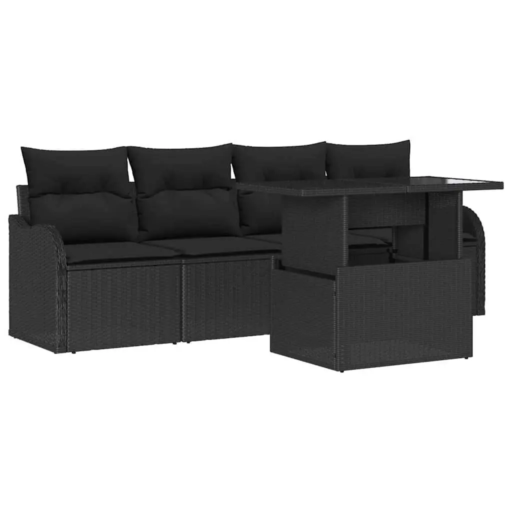 5 Piece Black Rattan Outdoor Sofa Set with Cushions and Adjustable Table for Garden and Patio