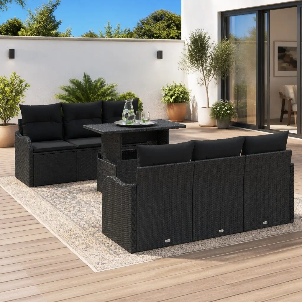 Outdoor Sofa Set Modular Lounge 7 Piece Black Poly Rattan