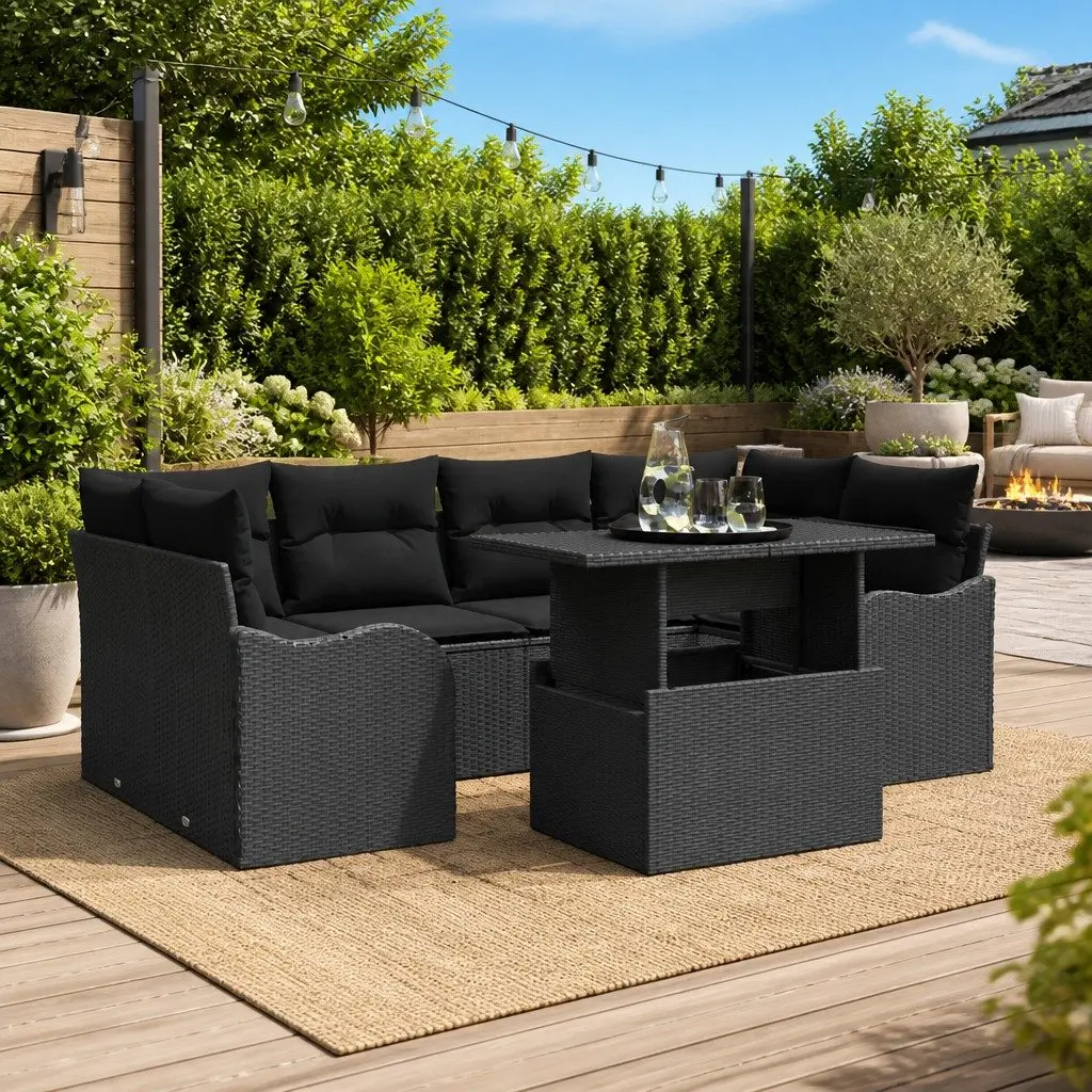 Outdoor Garden Sofa Set Modular Lounge Furniture 7 Seater Black Poly Rattan