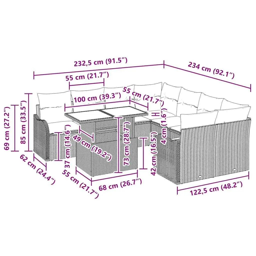 Modular Garden Sofa Set 9 Piece Outdoor Furniture Black Poly