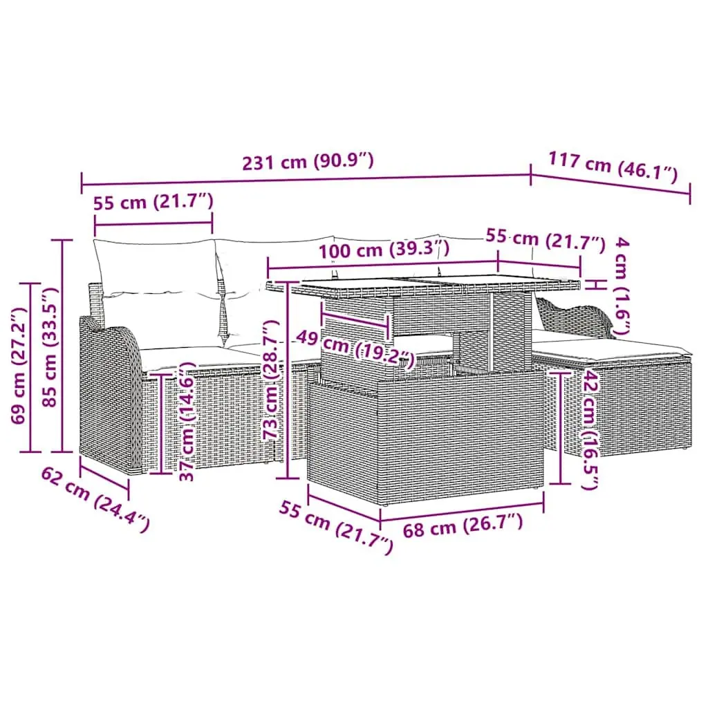 Outdoor Seating Set Modular Garden Furniture 6 Piece Black Poly Rattan with Cushions