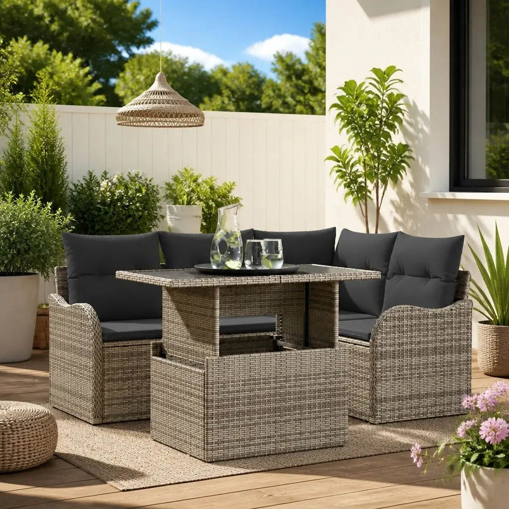 Outdoor Dining Set 5 Piece Grey Poly Rattan Garden Furniture with Cushions