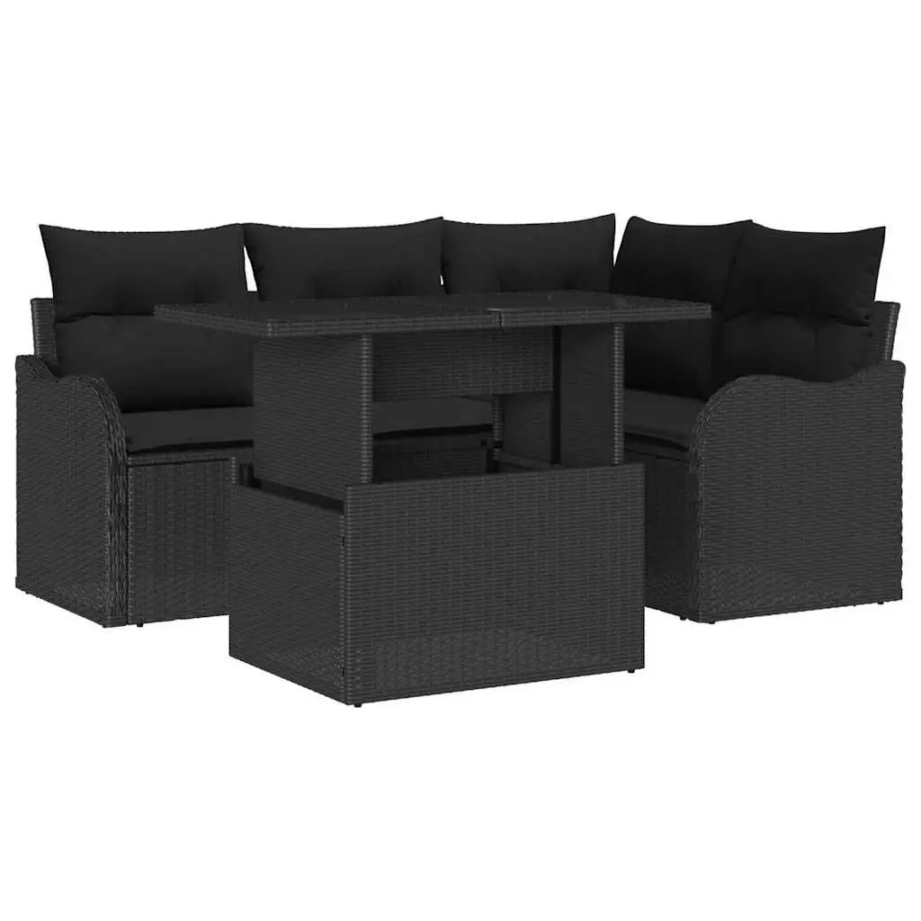 Outdoor Dining Set 5 Piece Rectangular Table Chair Cushion Black Poly Rattan