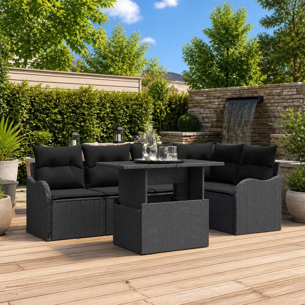 Outdoor Dining Set 6 Piece Modular Garden Patio Furniture Set Black Poly Rattan