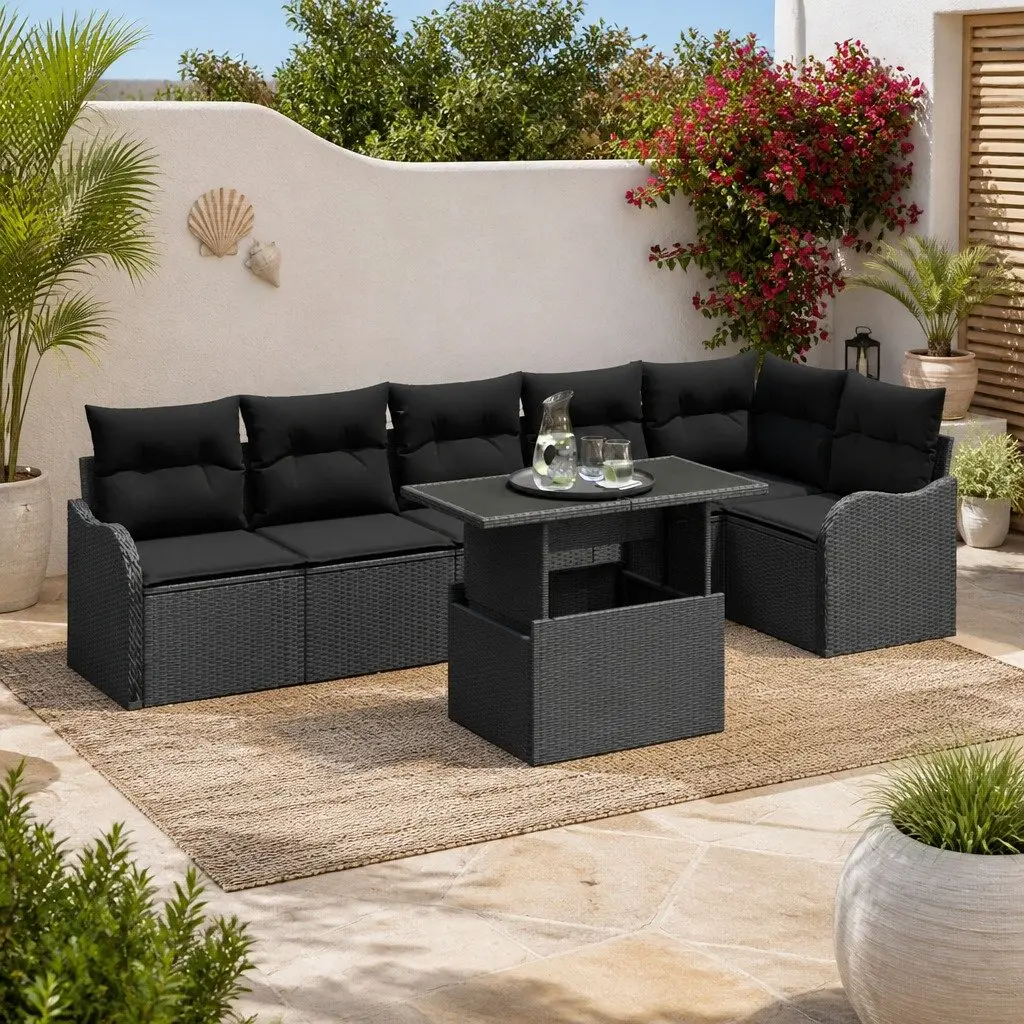 Outdoor Sofa Set 7 Piece Modular Garden Patio Lounge Furniture Black Poly Rattan