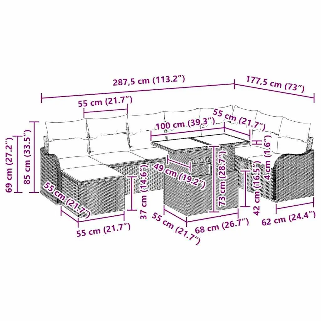 Modular Garden Sofa Set 9 Piece Outdoor Furniture Cushions Black
