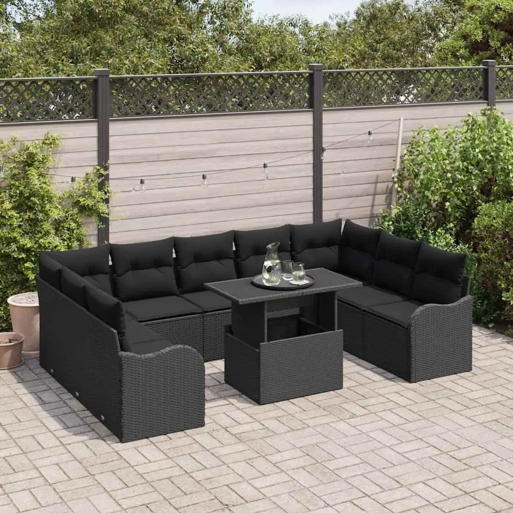 Modular Garden Sofa Set 10 Piece Outdoor Furniture with Cushions Black Poly