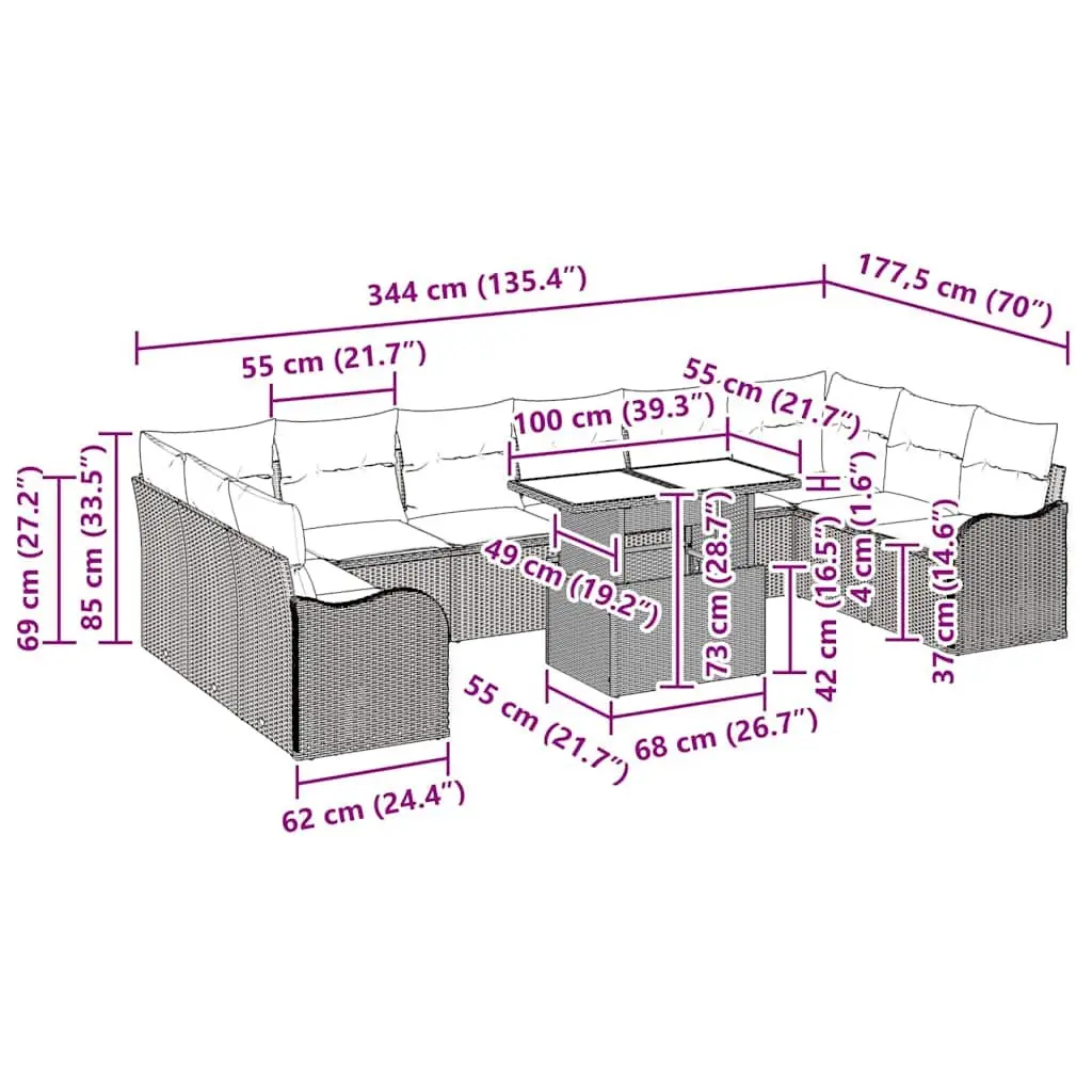 Modular Outdoor Furniture Set Garden Sectional Sofa Grey Poly Rattan 11 Piece