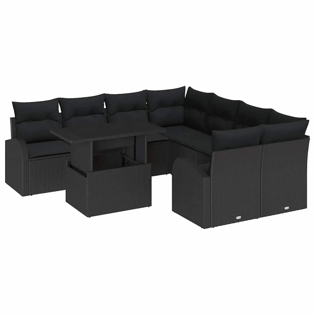 9 Piece Black Poly Rattan Garden Sofa Set