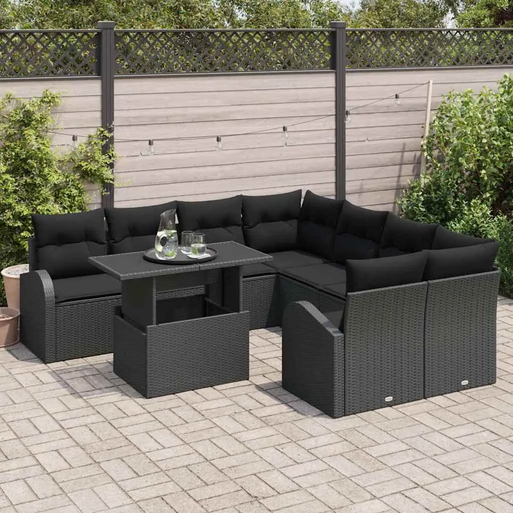 9 Piece Black Poly Rattan Garden Sofa Set