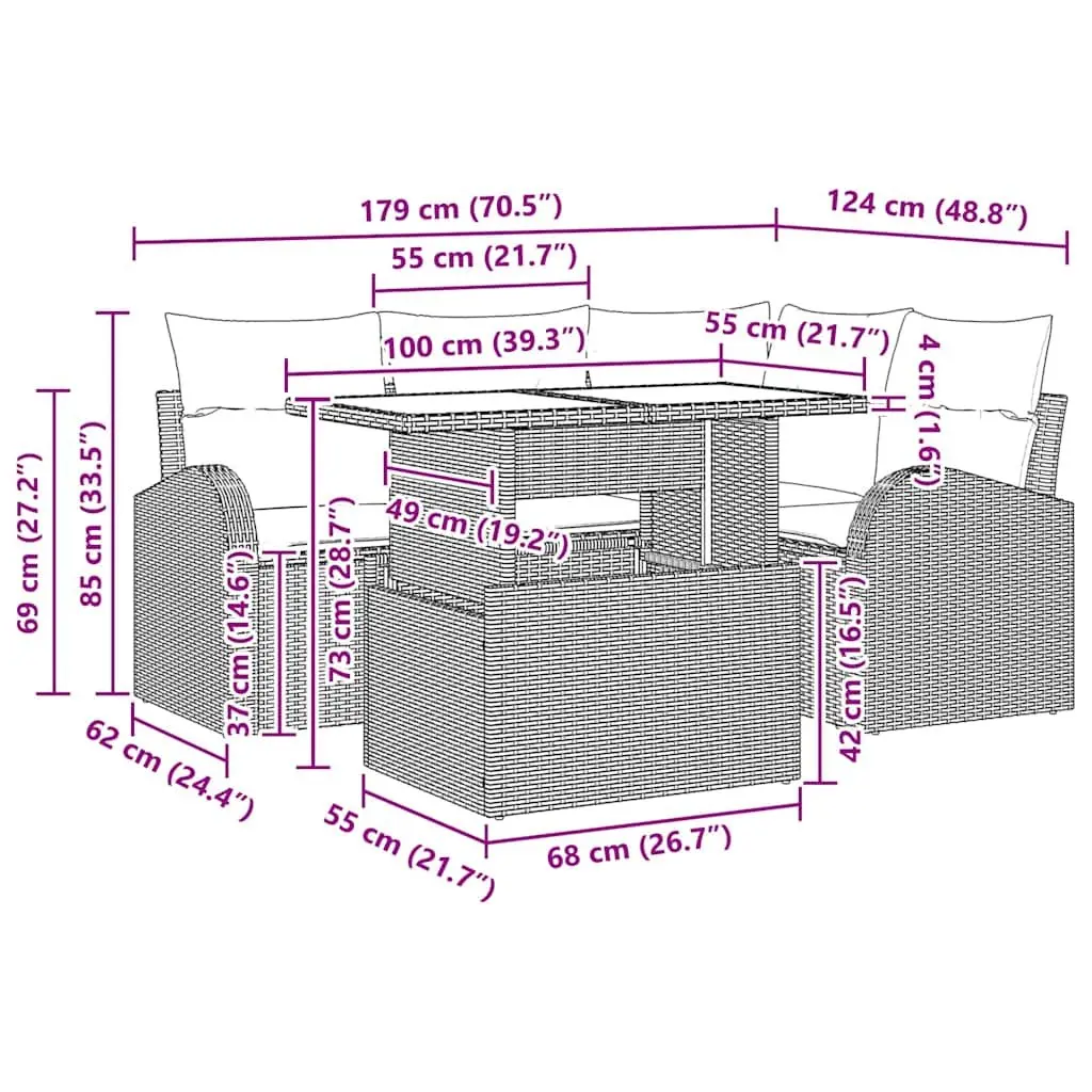 Modular Garden Sofa Set 5 Piece Outdoor Furniture Black Poly Rattan
