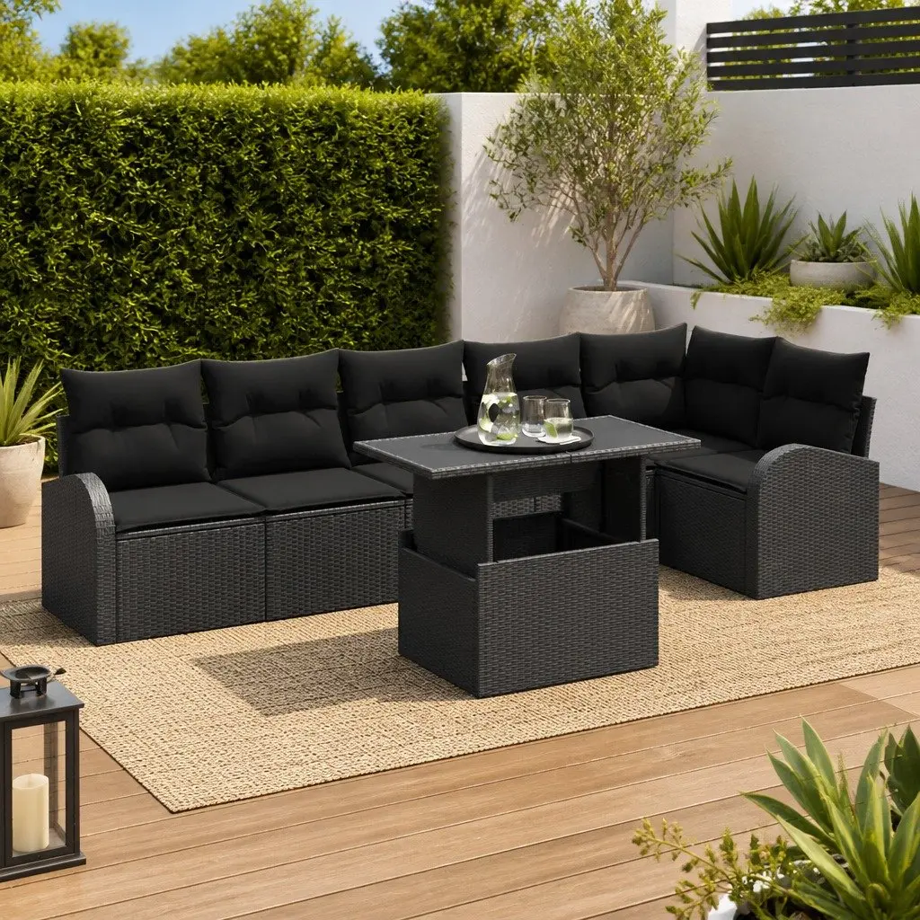 Modular Garden Sofa Set 7 Piece Outdoor Seating Black Poly Rattan