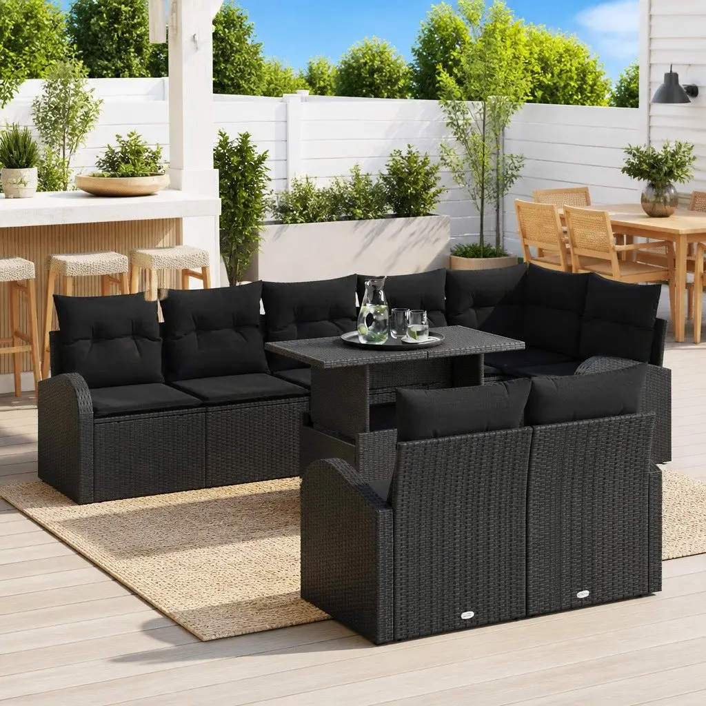 Modular Garden Sofa Set Outdoor Seating 9 Piece Black Poly Rattan Sectional