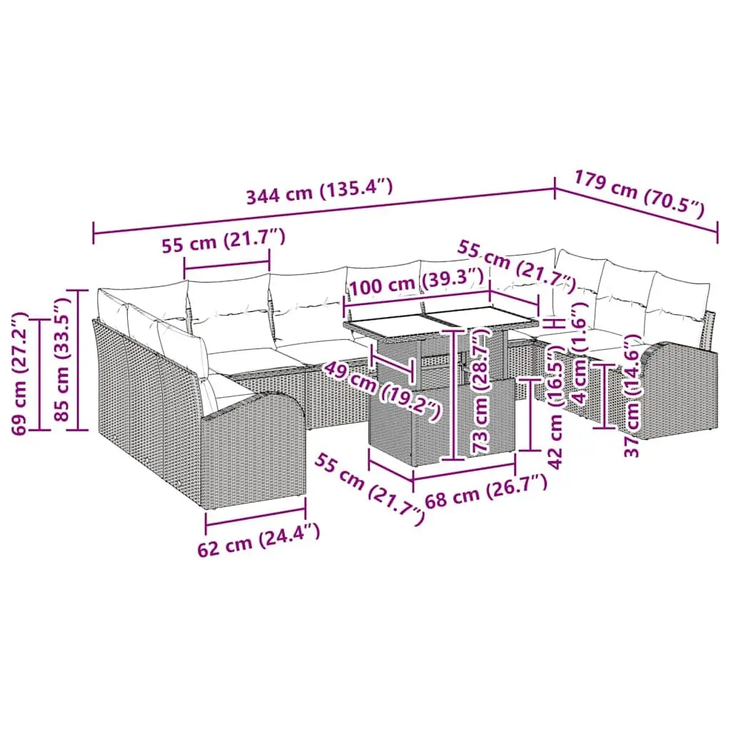 Modular Outdoor Garden Sofa Set 11 Pieces Black Poly Rattan with Storage Space