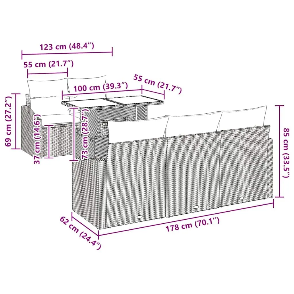 Outdoor Garden Sofa Set 6 Piece Modular Sectional Grey Poly Rattan Furniture