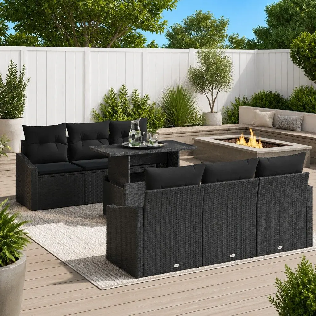 7-Piece Black Rattan Sofa Set with Storage
