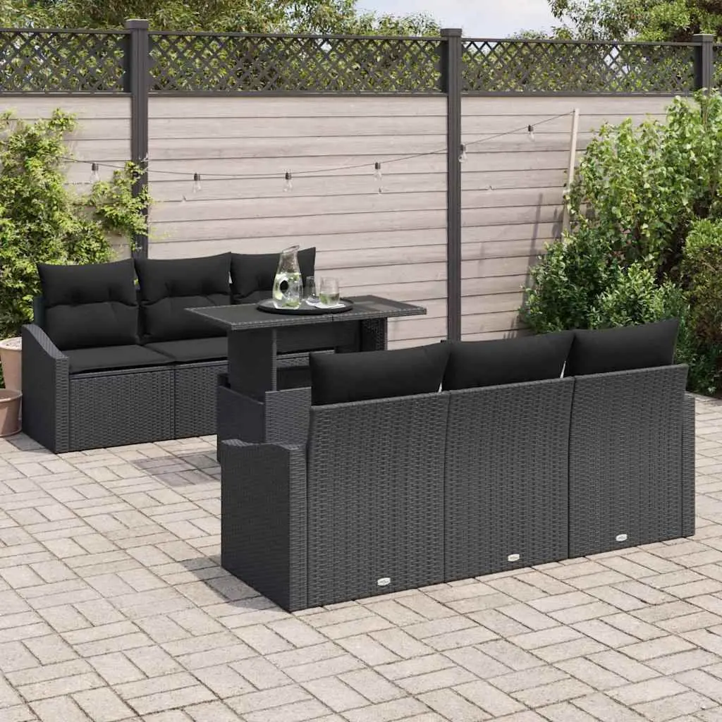 7-Piece Black Rattan Sofa Set with Storage