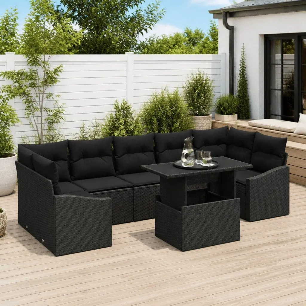 Outdoor Sofa Set Modular Garden Seating 8 Piece Black Poly Rattan with Cushions