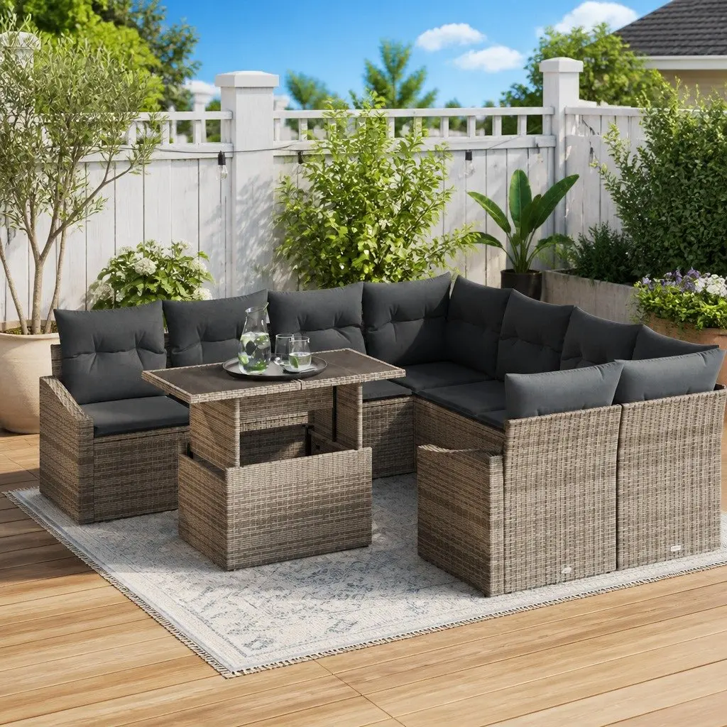 Modular Garden Sofa Set 9 Piece Outdoor Seating Grey Poly Rattan