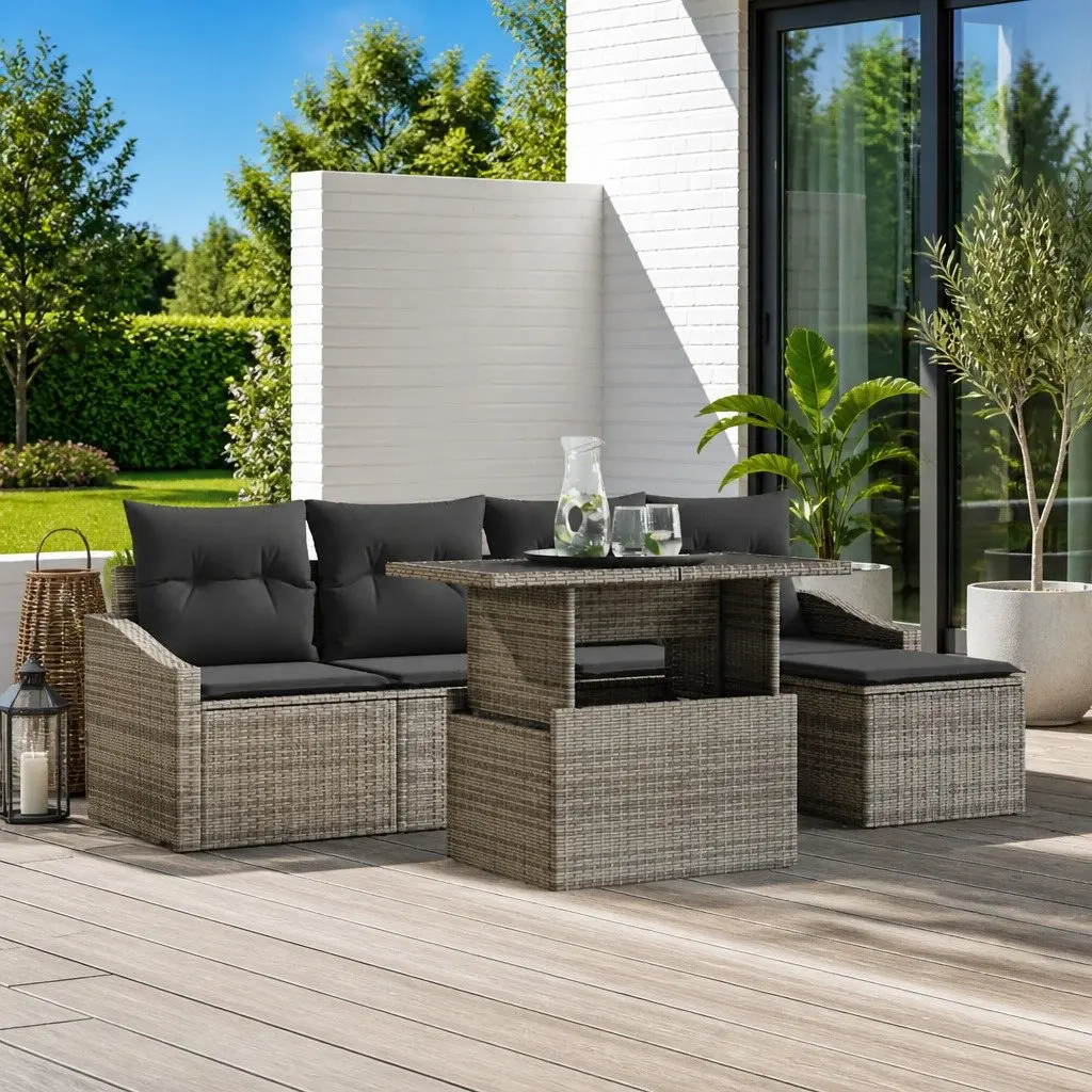 Modular Garden Sofa Set Outdoor Seating 6 Pieces Grey Poly Rattan
