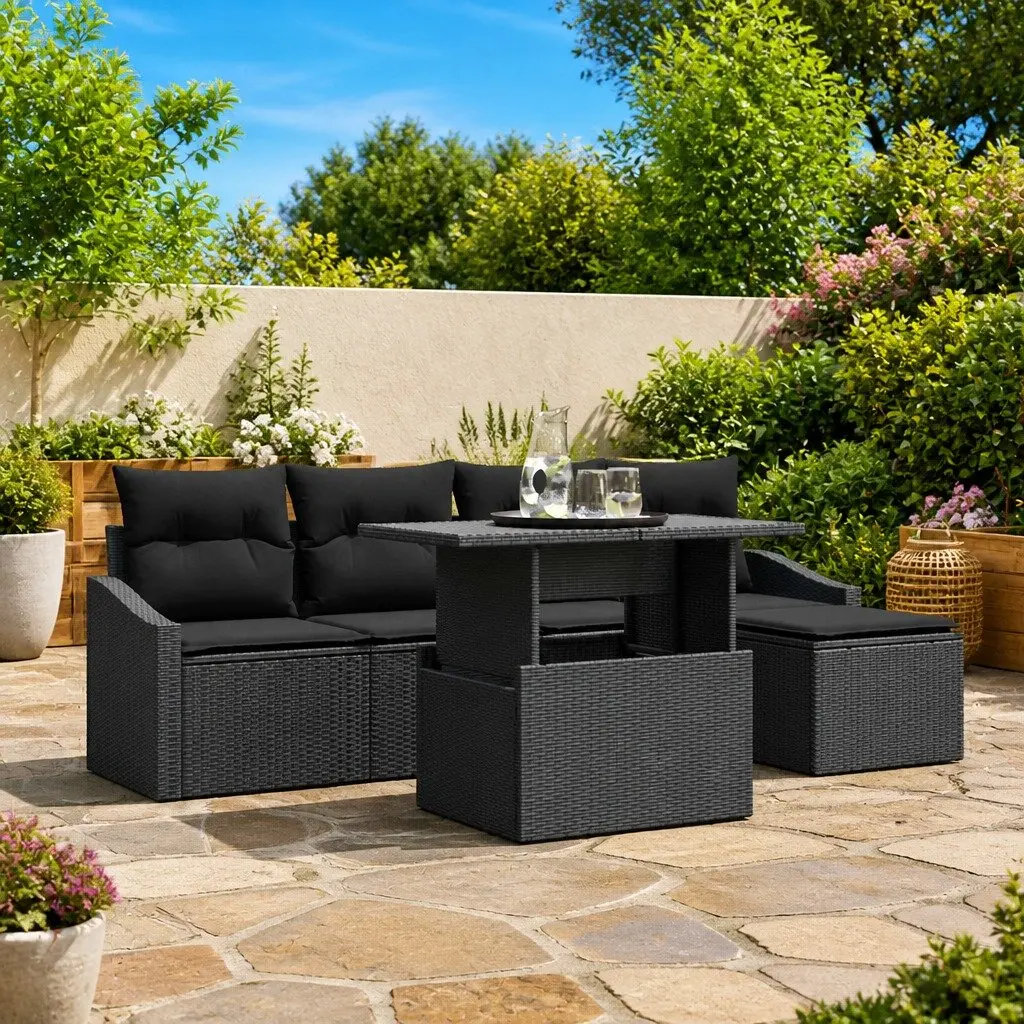 Modular Garden Sofa Set 6 Piece Outdoor Seating Black with Cushions Table