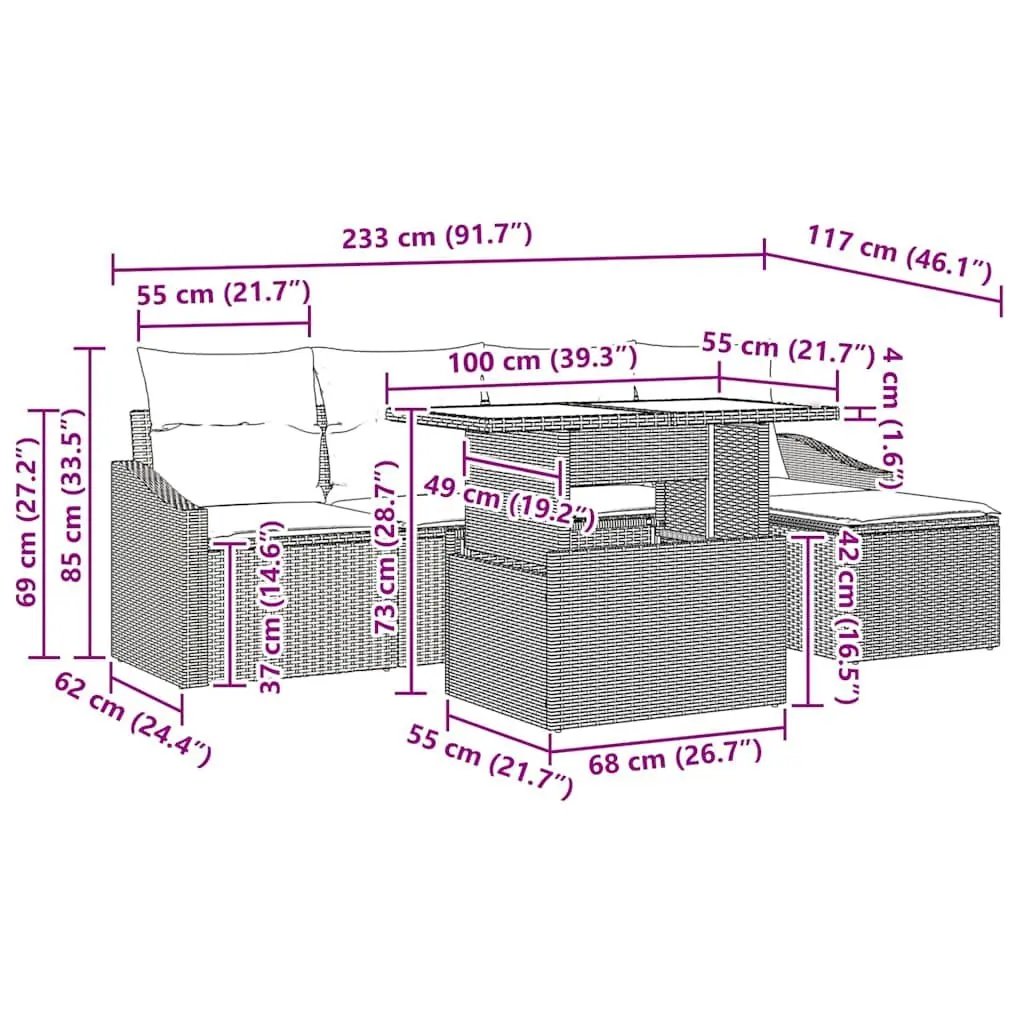 Modular Garden Sofa Set 6 Piece Outdoor Seating Black with Cushions Table