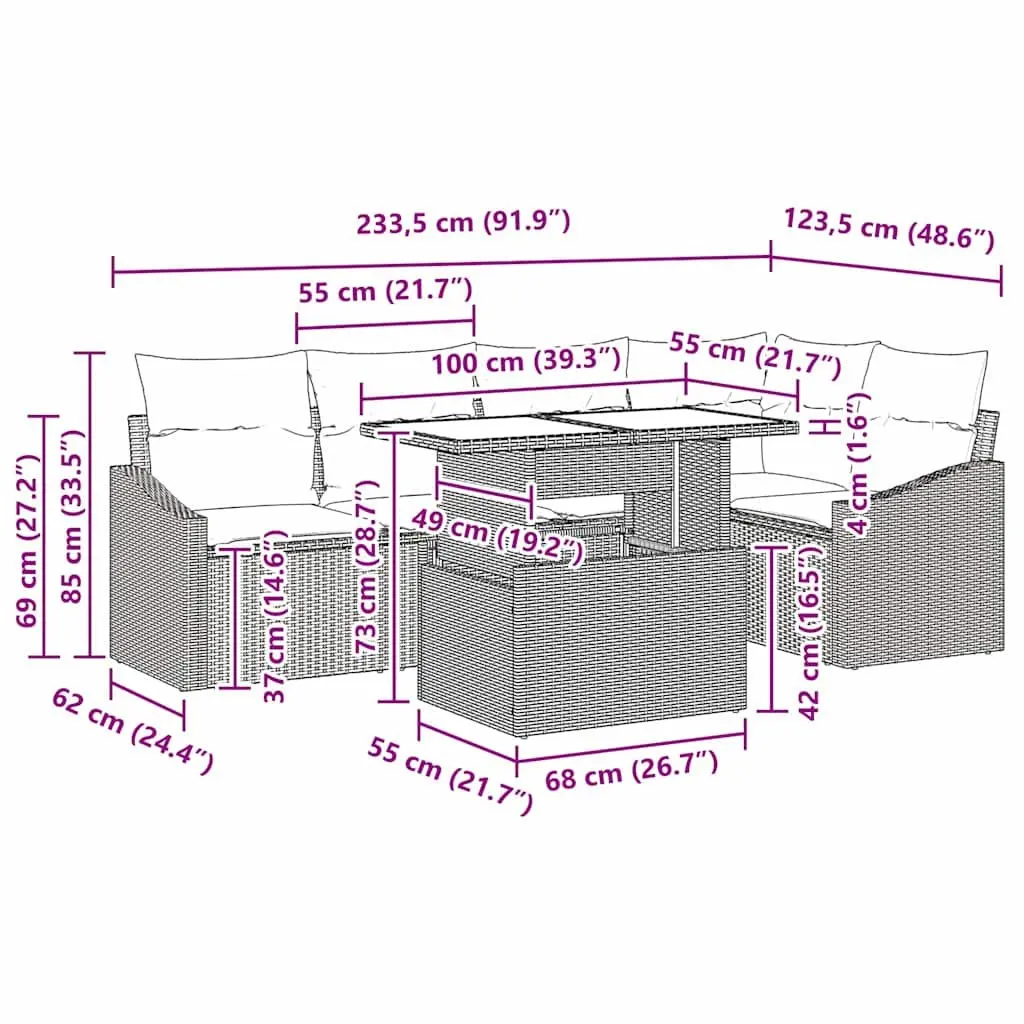 Modular Garden Sofa Set 6 Pieces Outdoor Furniture Black Poly Rattan