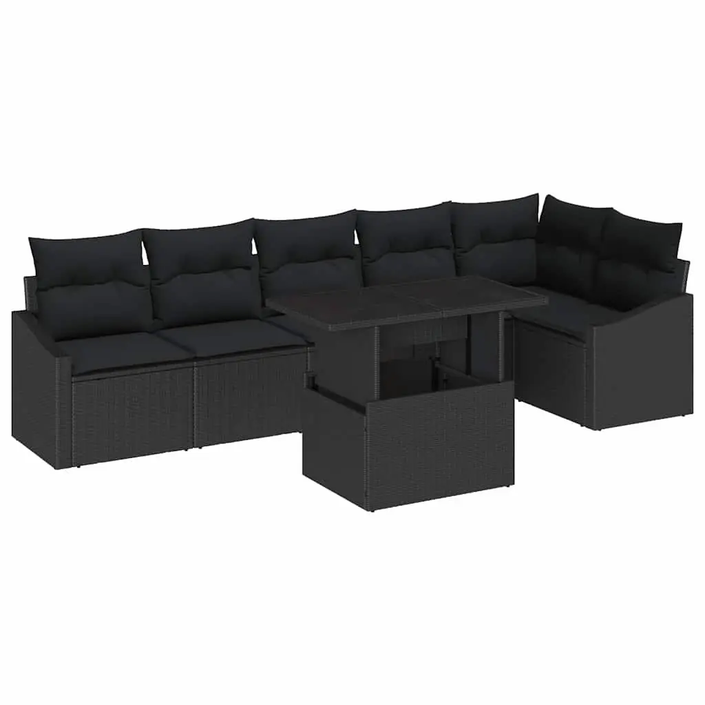 7 Piece Outdoor Garden Sofa Set Modular Lounge Black Poly Rattan with Cushions