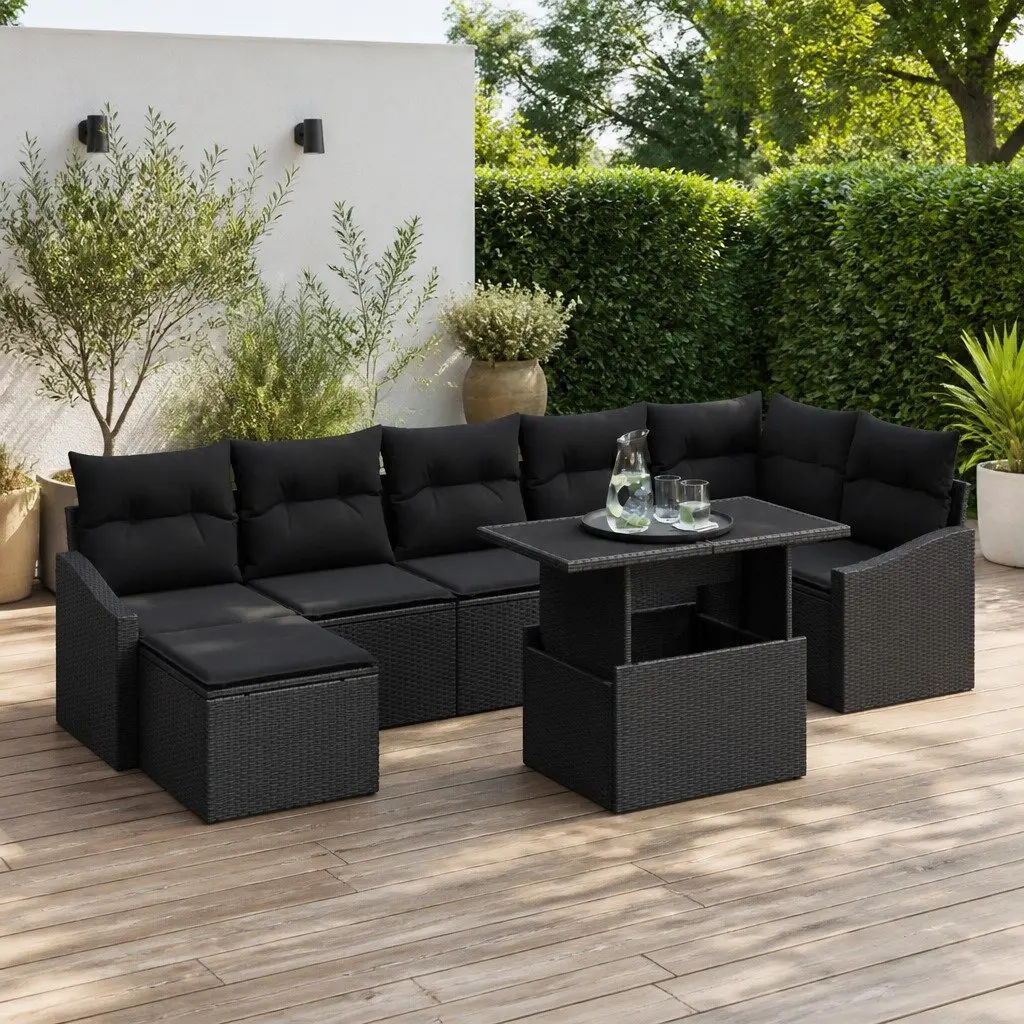 Outdoor Garden Sofa Set Modular Lounge Seating 8 Pieces Black Poly Rattan