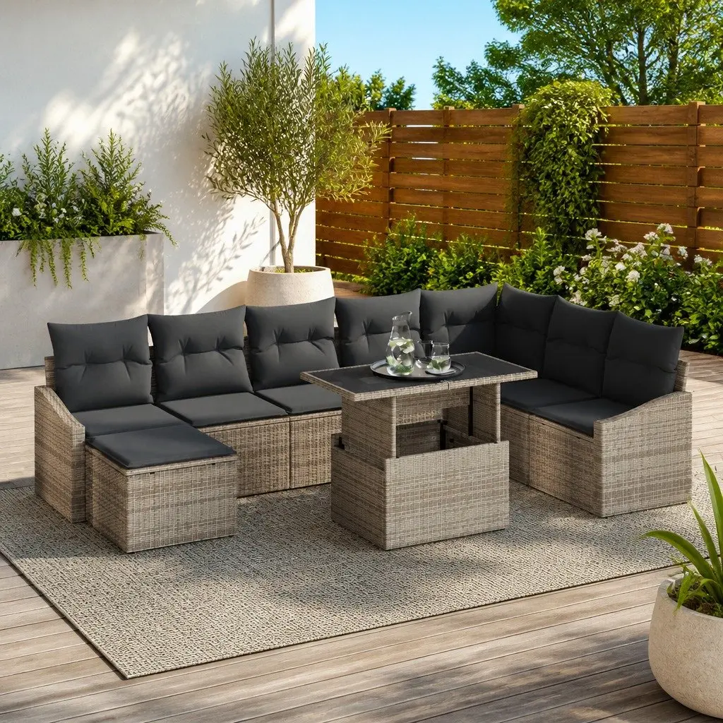 Outdoor Sofa Set 9 Pieces Grey Poly Rattan Storage Cushion Garden Furniture