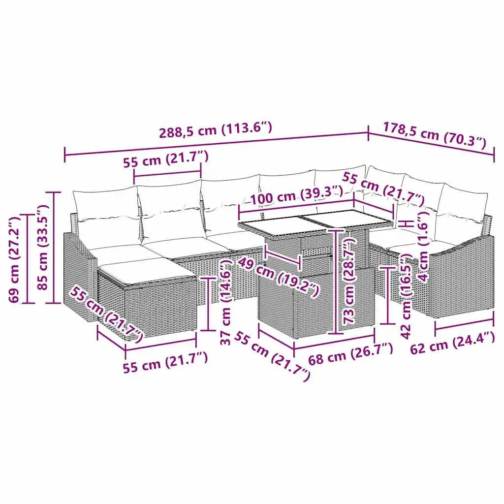Outdoor Sofa Set 9 Pieces Grey Poly Rattan Storage Cushion Garden Furniture