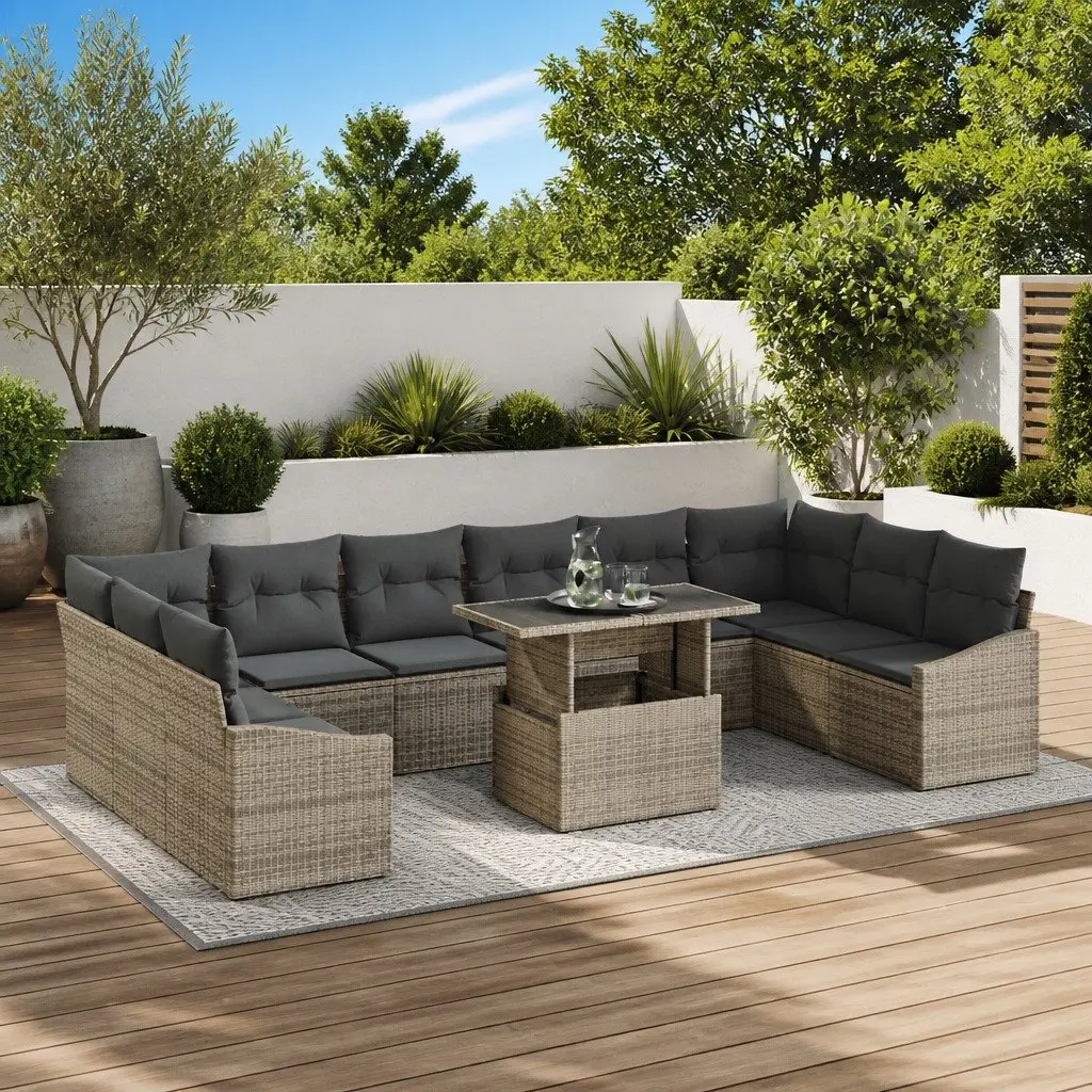 Outdoor Sofa Set 11 Pieces Grey Poly Rattan Garden Furniture Adjustable Height Table